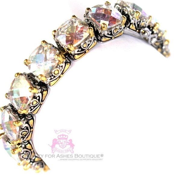 Two Tone AB Pastel Rainbow Aurora Borealis CZ Chunky Tennis Throne Room Bracelet - Picture 4 of 5
